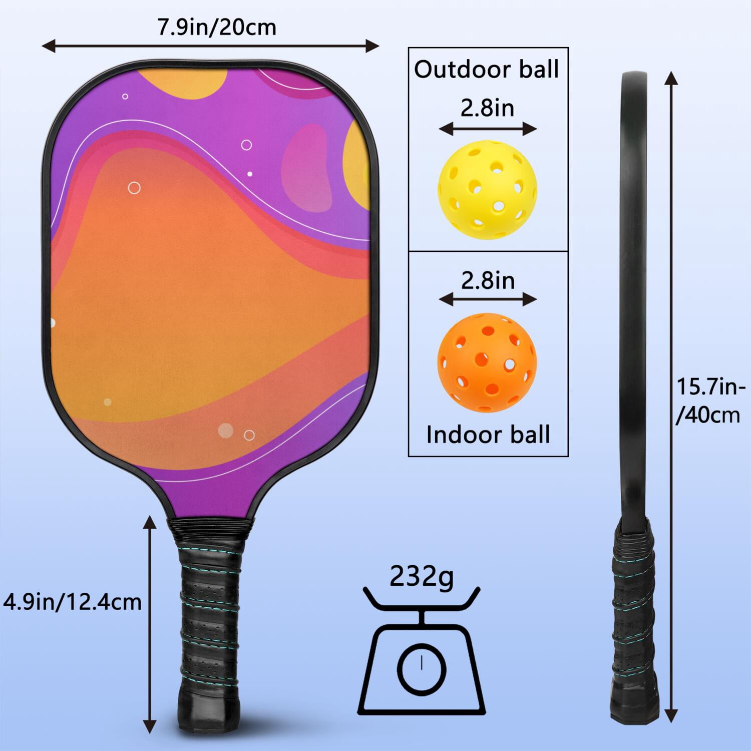 Pickleball Paddles Set Of 2, Fiberglass Surface, Neon Fluid Print, 4 Balls & Bag