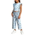 thumbnail image 7 of Girls 2PC Outfits Crop Ruffle Sleeve Ruched Side T-Shirts Rainbow Plaid Wide Leg Pants Sets Sky Blue 2-3 Years, 7 of 7
