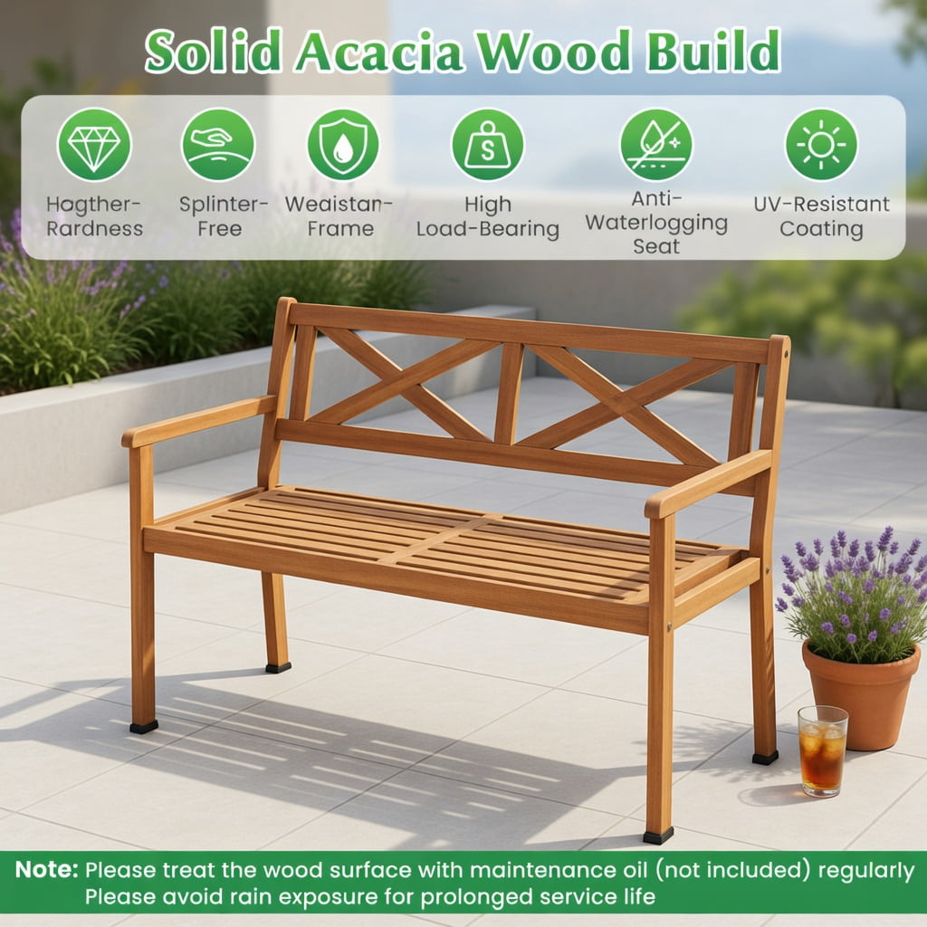 Hommoo 2-Person Acacia Wood Patio Bench with Armrests & Ergonomic Backrest, Teak Outdoor Garden Chair for Deck, Porch, Poolside, Natural