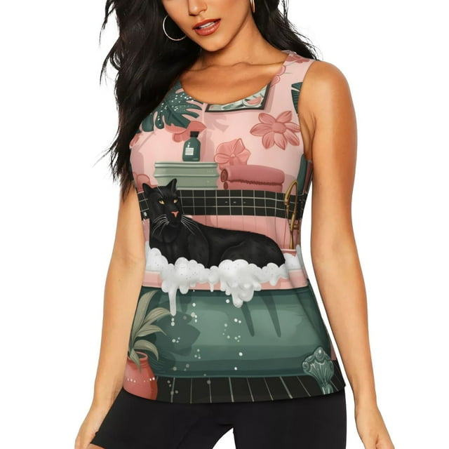 Easygdp Débardeur de Salle de Bain Noir Chat Rose pour Femmes, Haut de Course, Chemise de Randonnée, Séchage Rapide pour Course, Yoga, Randonnée-Moyen