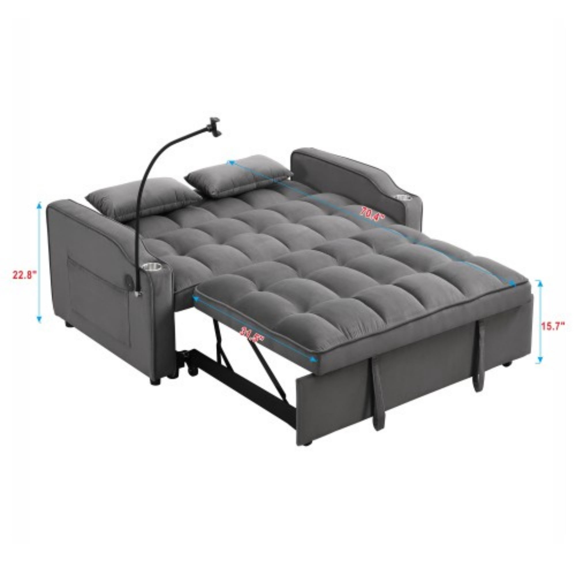 Velvet Loveseat Sofa Bed, 3-in-1 Convertible Sleeper Couch with USB Ports & Pullout Bed, Dark Gray