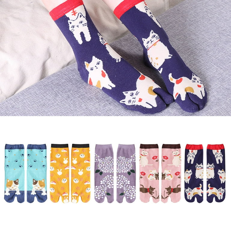 Women Cotton Split Toe Kimono Tabi Crew Socks Japanese Style Cute