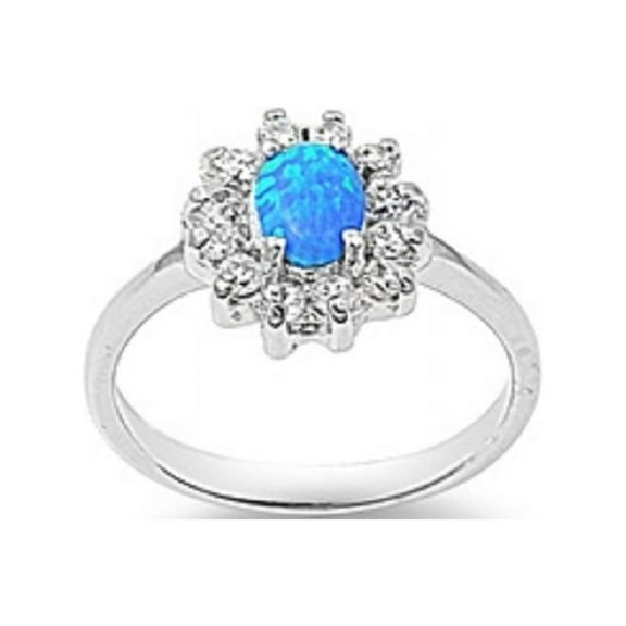 Sun Flower Cluster Blue Simulated Opal Ring Sterling Silver Size 7