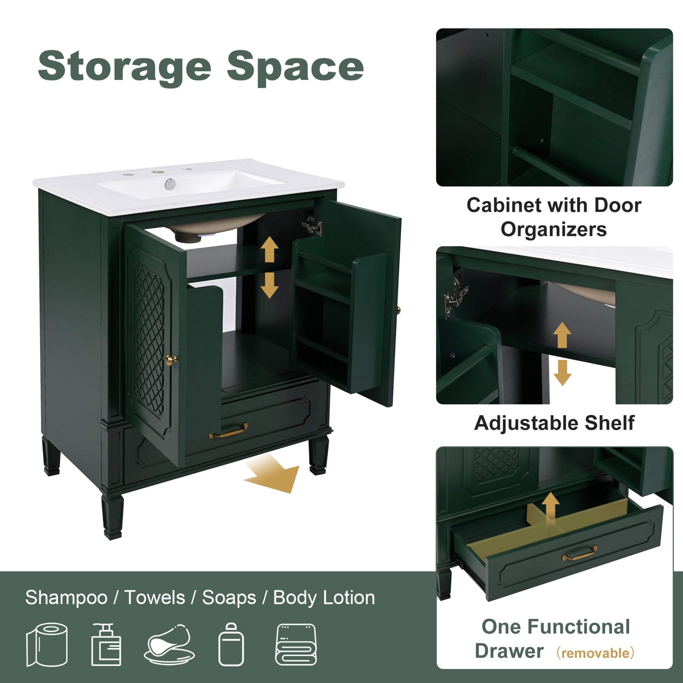 Christopher Knight Home Retro 30" Bathroom Vanity with Ceramic Sinks, Soft-Close Doors, Dark Green