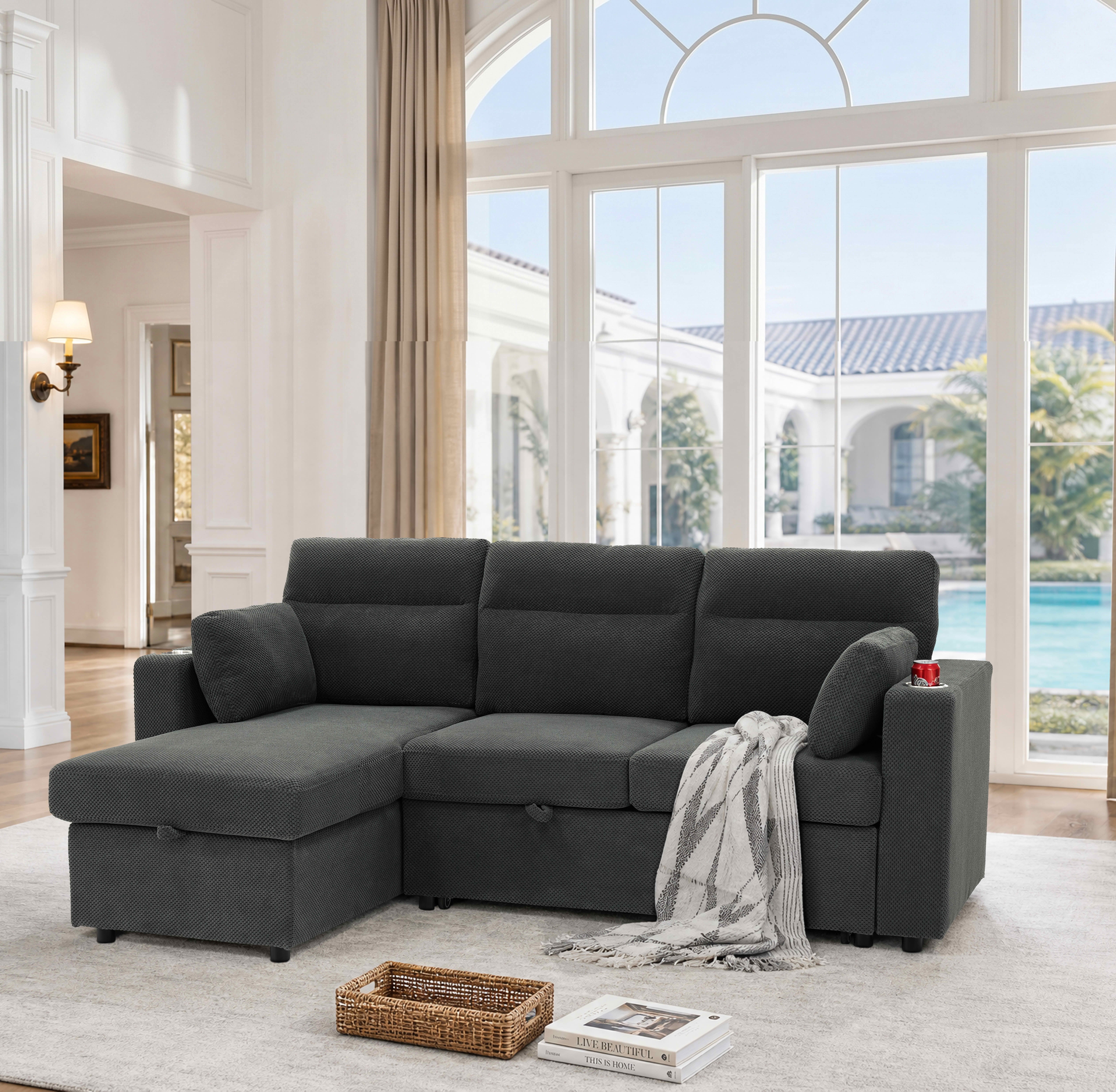 MAYEERTY 82.5 Inch L‑Shaped Pull‑Out Sectional Sofa Bed, Convertible Sleeper Couch with Storage Chaise, Cup Holders & 2 Pillows for Apartments