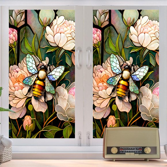 Pegatinas Estáticas para Ventanas de Abejas Florales, Película para Ventanas de Vidrieras Que Bloquea el Sol Extraíble No Adhesiva