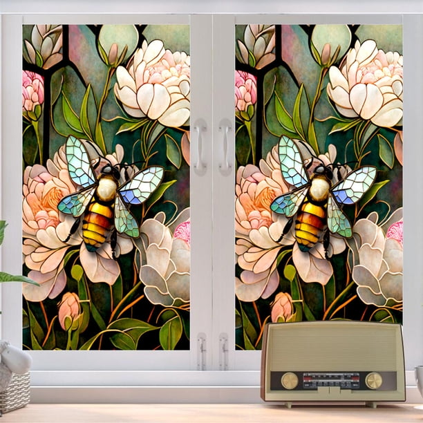 Pegatinas Estáticas para Ventanas de Abejas Florales, Película para Ventanas de Vidrieras Que Bloquea el Sol Extraíble No Adhesiva