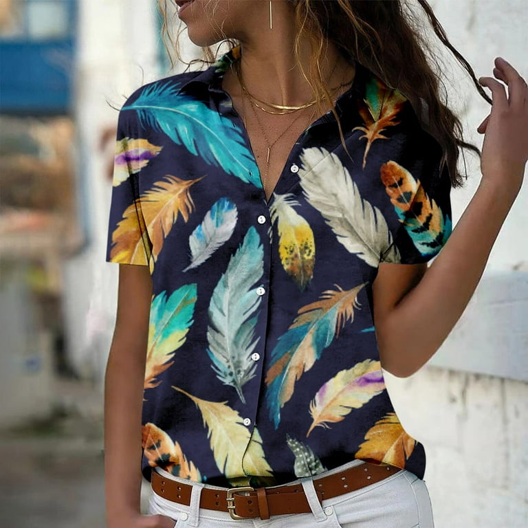Olyvenn Women's Summer Buttons Polo Shirts Deals Dressy Fashion Trendy  Short Sleeve Tees Gradient Chevron Feathers Tops Turndown Collar Shirts  Loose