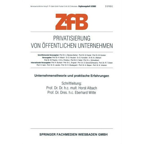 Zfb Special Issue Privatisierung Von Ãffentlichen Unternehmen: Unternehmenstherorie Und Praktische Erfahrungen, Book 3, (Paperback)