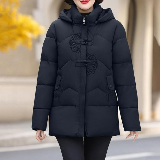 Puntoco Parkas De Manga Larga Con Cremallera Y Doble Bolsillo Con Botones Y Bordado De Color Liso Para Mujer