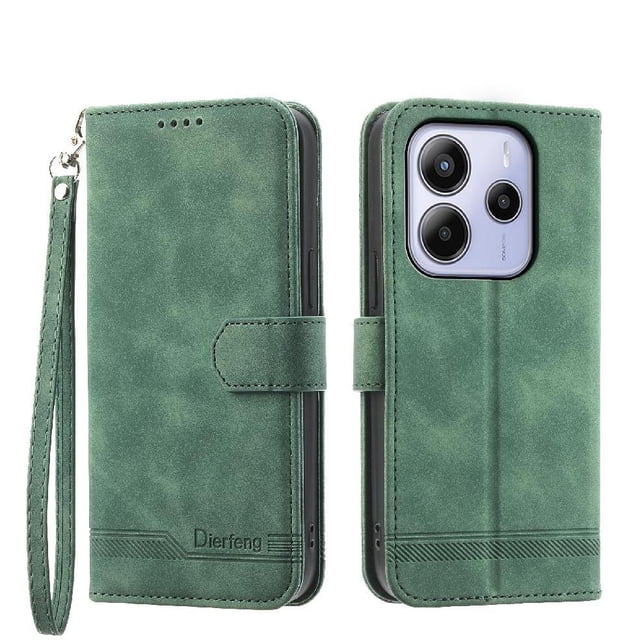 Funda Tipo Billetera para Xiaomi Redmi Note 14 4G Carcasa Abatible con Porta Tarjetas, Bolsillo para Efectivo, Soporte Ajustable, Cierre Magnético y Correa de Muñeca Verde