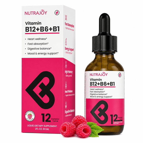 NutraJoy Liquid Vitamin B12 Drops, 5000mcg B12 with B6 & B1, Fast Absorption, Energy & Immune Support, Vegan, Gluten Free, Raspberry Flavor, for Women, 2oz