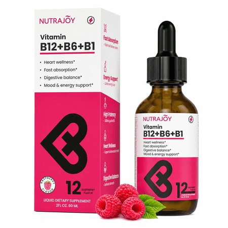 NutraJoy Liquid Vitamin B12 Drops, 5000mcg B12 with B6 & B1, Fast Absorption, Energy & Immune Support, Vegan, Gluten Free, Raspberry Flavor, for Women, 2oz