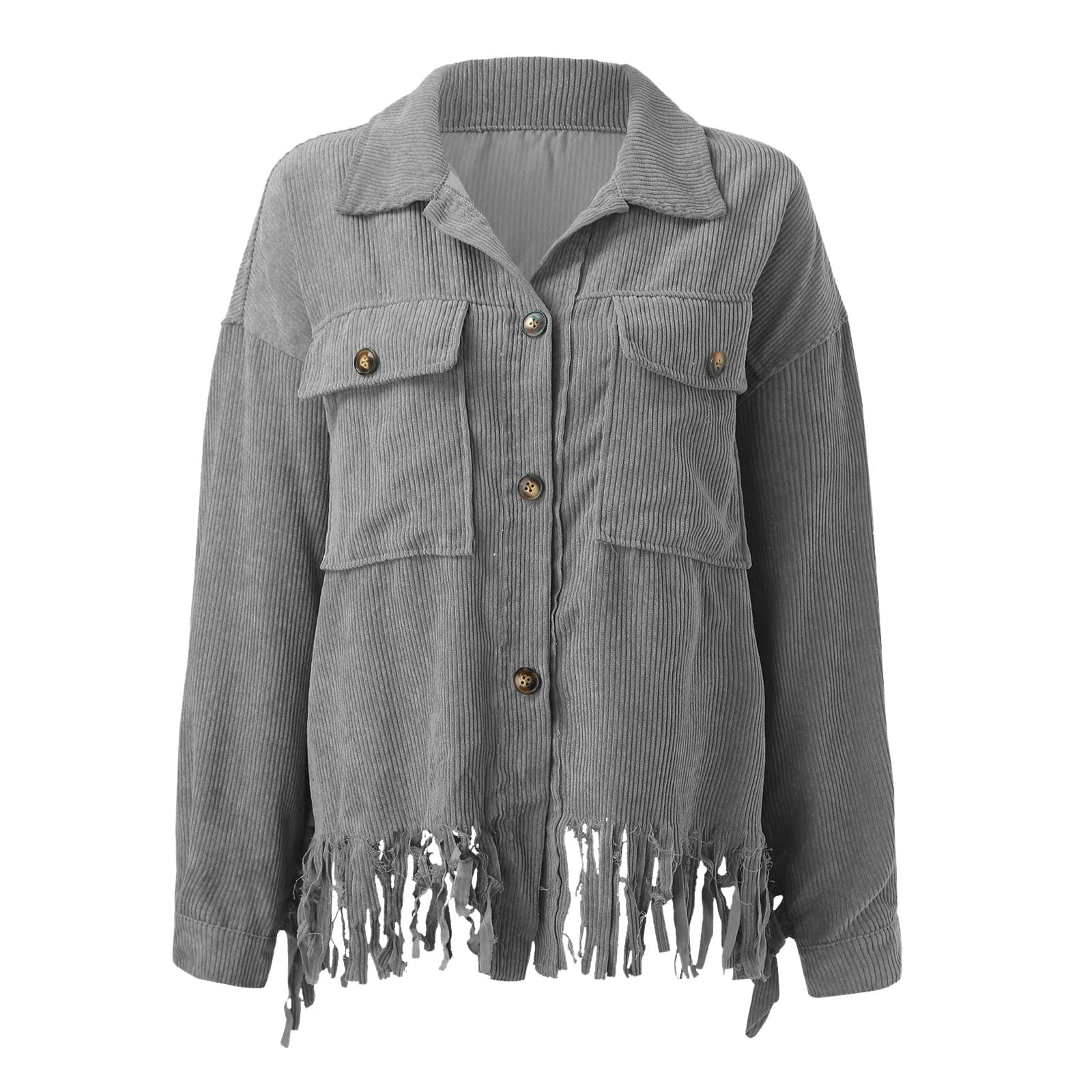 women fashion tops clothes casual turn down collar corduroy jacket elegant  long sleeves tassels single short coat western clothes gray s