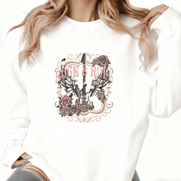 Cool Rock & Roll Guitar Rose Graphic Tee T-Shirt Print Top Casual Round-neck long-sleeved white S-3XL