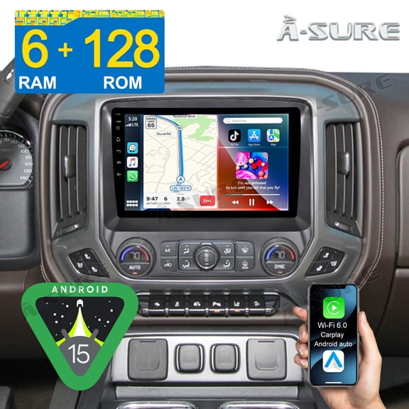 8-Core Android 15 CarPlay Radio 6 128GB Car Stereo for Chevy Silverado GMC Sierra 2014-2018 with Backup Camera/GPS Navi/4G LTE/Wi-Fi/BT 5.4/1280HD