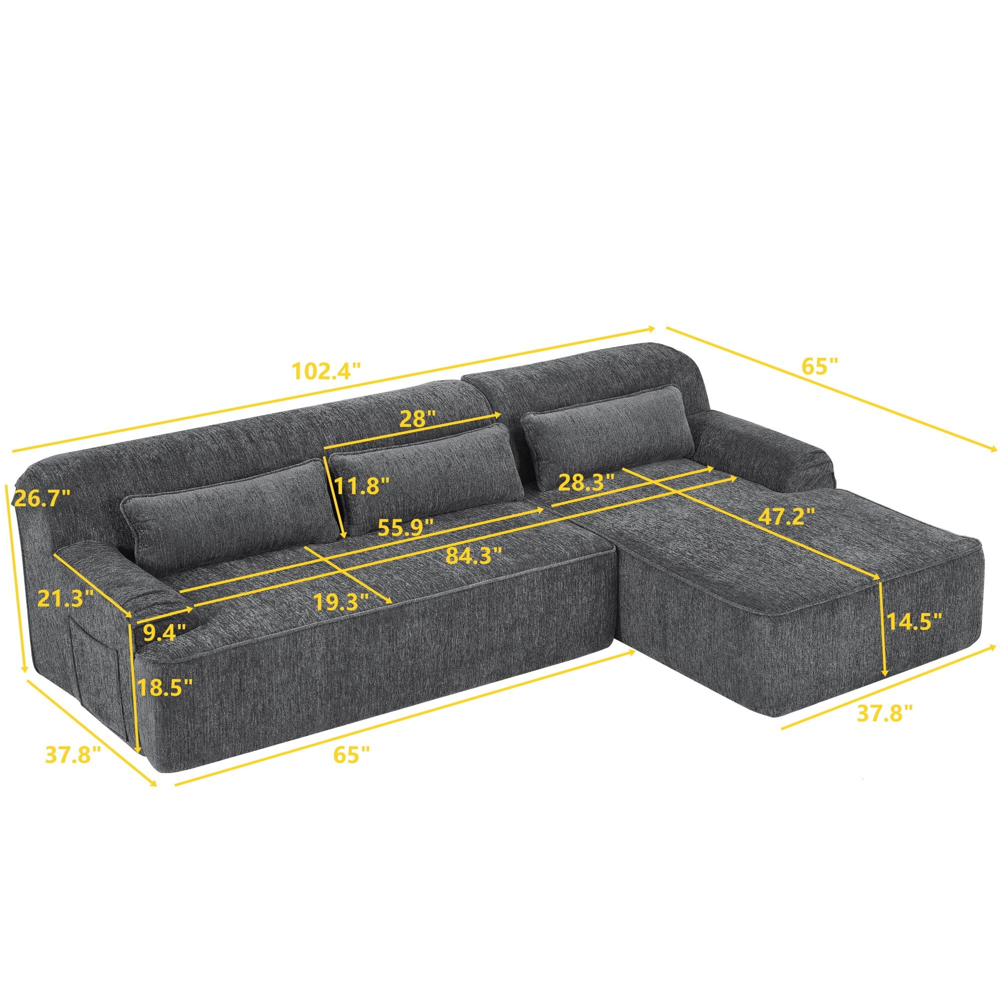 DEALTOPS Convertible L-Shaped Sectional Sofa with Right Chaise – Chenille & Foam Material, Storage Pockets, Gray