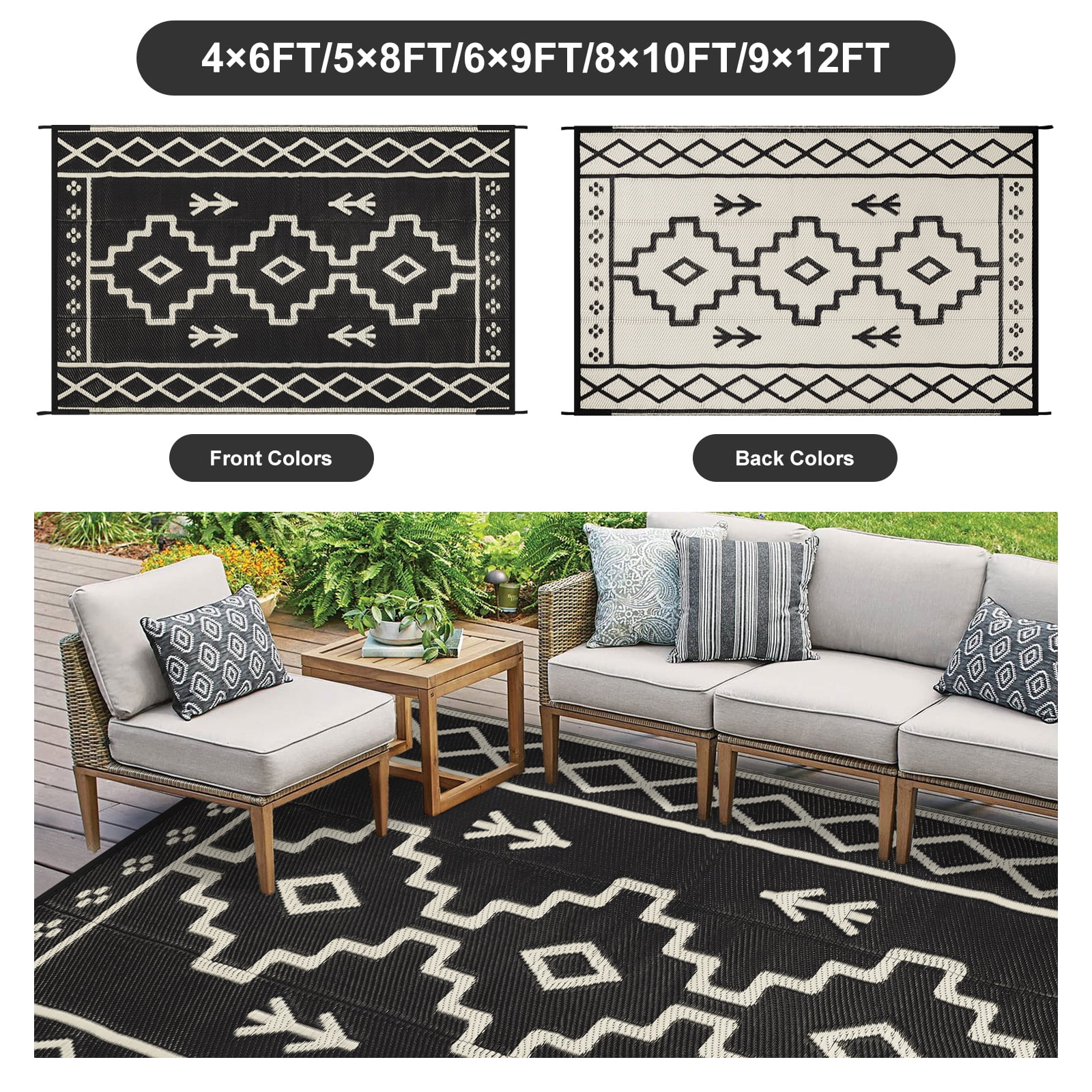 Lahome 5x8 Plastic Straw Outdoor Rug Waterproof, Reversible Black Boho Rugs for Outside, Indoor Outdoor Area Rug for Picnic Patio Balcony