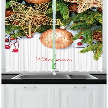 Berry Tree Set - Christmas Curtains 2 Panels Set, Holly Berries Tree Topper Baubles Vintage Seasonal Ornaments Pine Image, Window Drapes for Living Room Bedroom, 55W X 39L Inches, Bronze Ruby Emerald, by Ambesonne