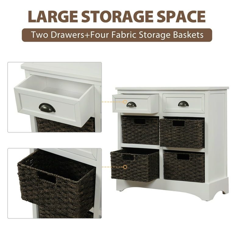 Storage Cabinet with Drawers and Rattan Basket for Living Room