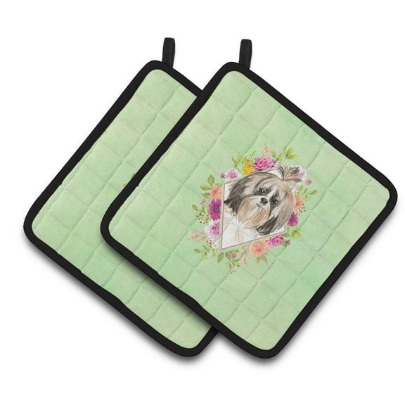 Carolines Treasures CK4372PTHD Shih Tzu Green Flowers Pair of Pot Holders 7.5HX7.5W multicolor