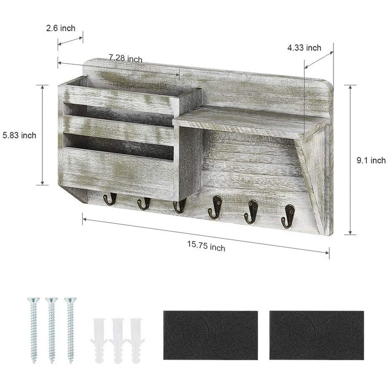 Wall Mount Mail Key Holder Organizer with 6 Key Hooks 1 Compartment and Shelf Rustic Gray Walmart