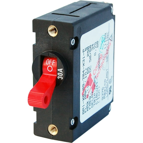 Blue Sea Circuit Breaker 7221-BSS A Series; 30 Ampere; 240 Volt AC/65 Volt DC; For Blue Sea System Electrical Panels; Red; Single Pole Magnetic Hydraulic Type; Toggle Actuator; 10-32 Screw Terminal