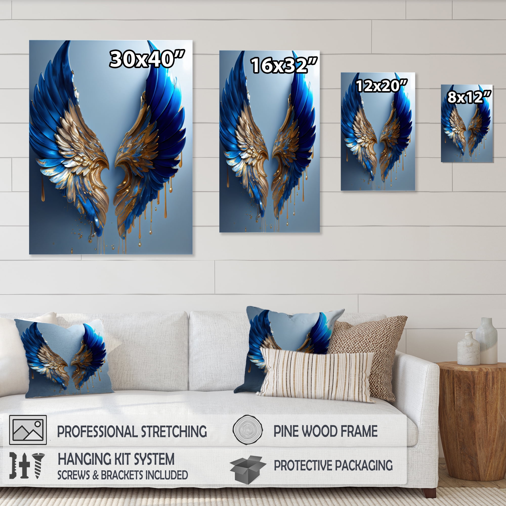 Designart Blue And Gold Angel Wings V Canvas Wall Art
