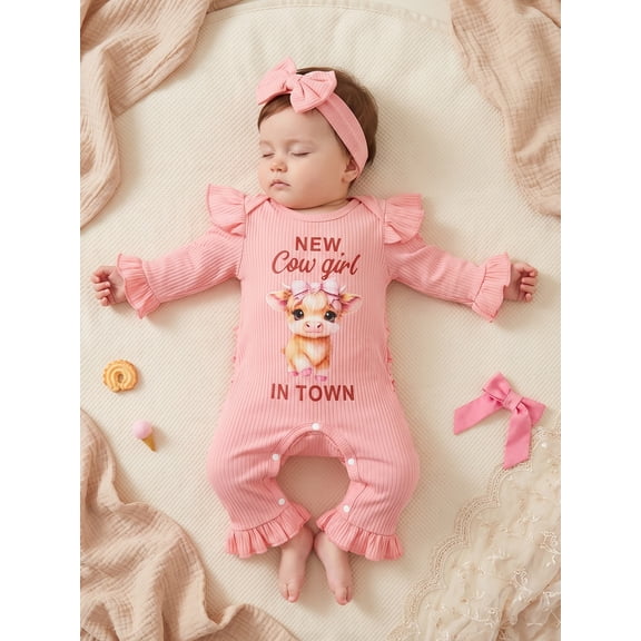 Baby Girl Fall Outfits Long Sleeve Cow Print Jumpsuit with Headband Set
