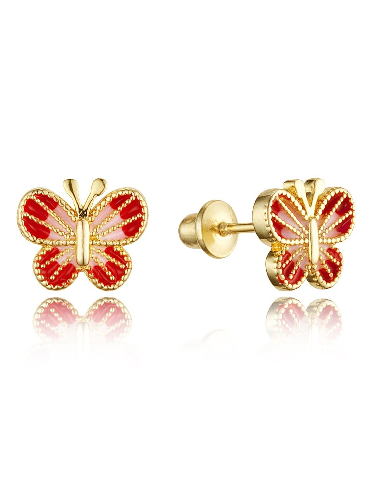 14k Gold Plated Enamel Butterfly Baby Girls Screwback Earrings with Sterling Silver Post