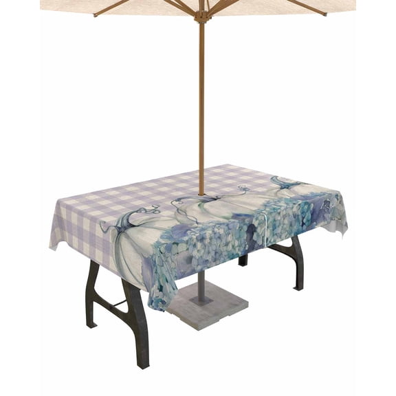 Fsddascl Blue Pumpkins Thanksgiving Outdoor Tablecloth - 54x80 Inch Rectangle Dining Table Cover, Fall Floral Purple Plaid Rustic Waterproof Outdoor Table Cloth with Umbrella Hole & Zipper for Patio