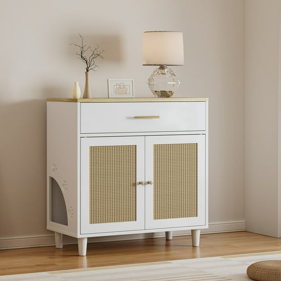 Noble House Cat Litter Box Enclosure with Scratch Pad, Wooden Hidden Pet House Sideboard Cabinet, White