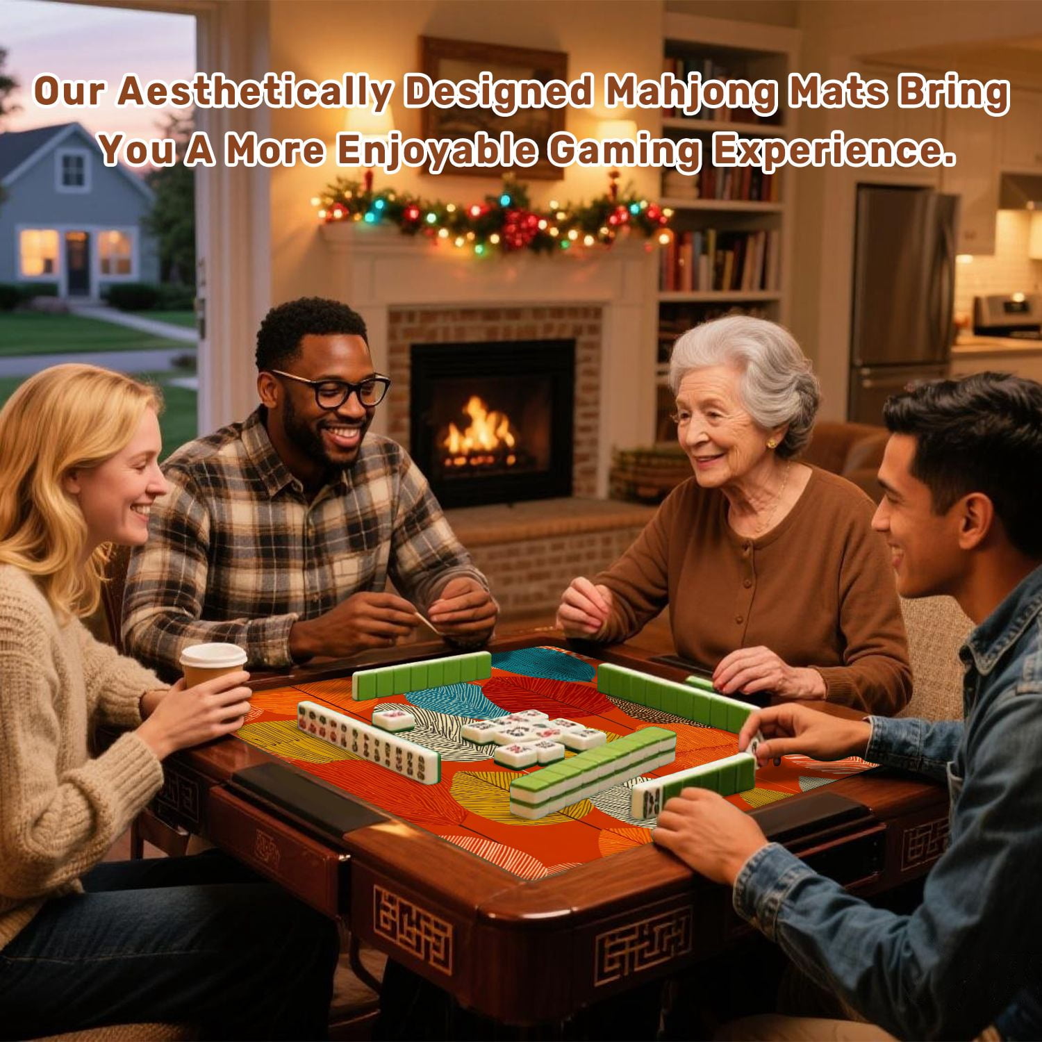 Mahjong Mat 31.5" x 31.5" Flowers leaves Mid century modern art Abstract Non-Slip Noise Reduction American Mahjong Tiles Table Cover for Dominoes Poker Card Board Games Gift