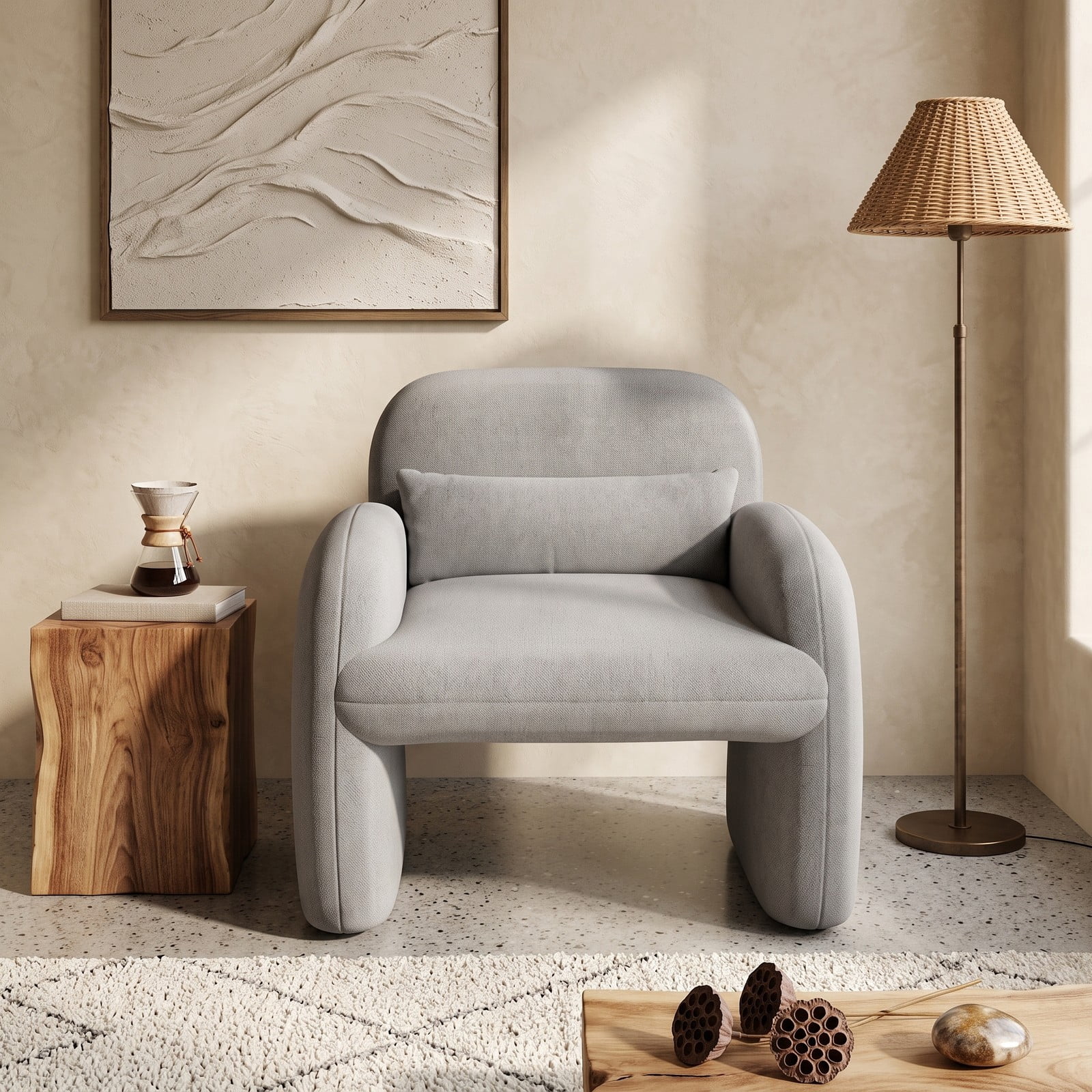Furnibear Modern Accent Chair with Lumbar Waist Pillow and Cushioned Armrests, Soft Sherpa Upholstered Single Sofa Chair for Bedroom, Living Room, Nursery, Holds, Gray