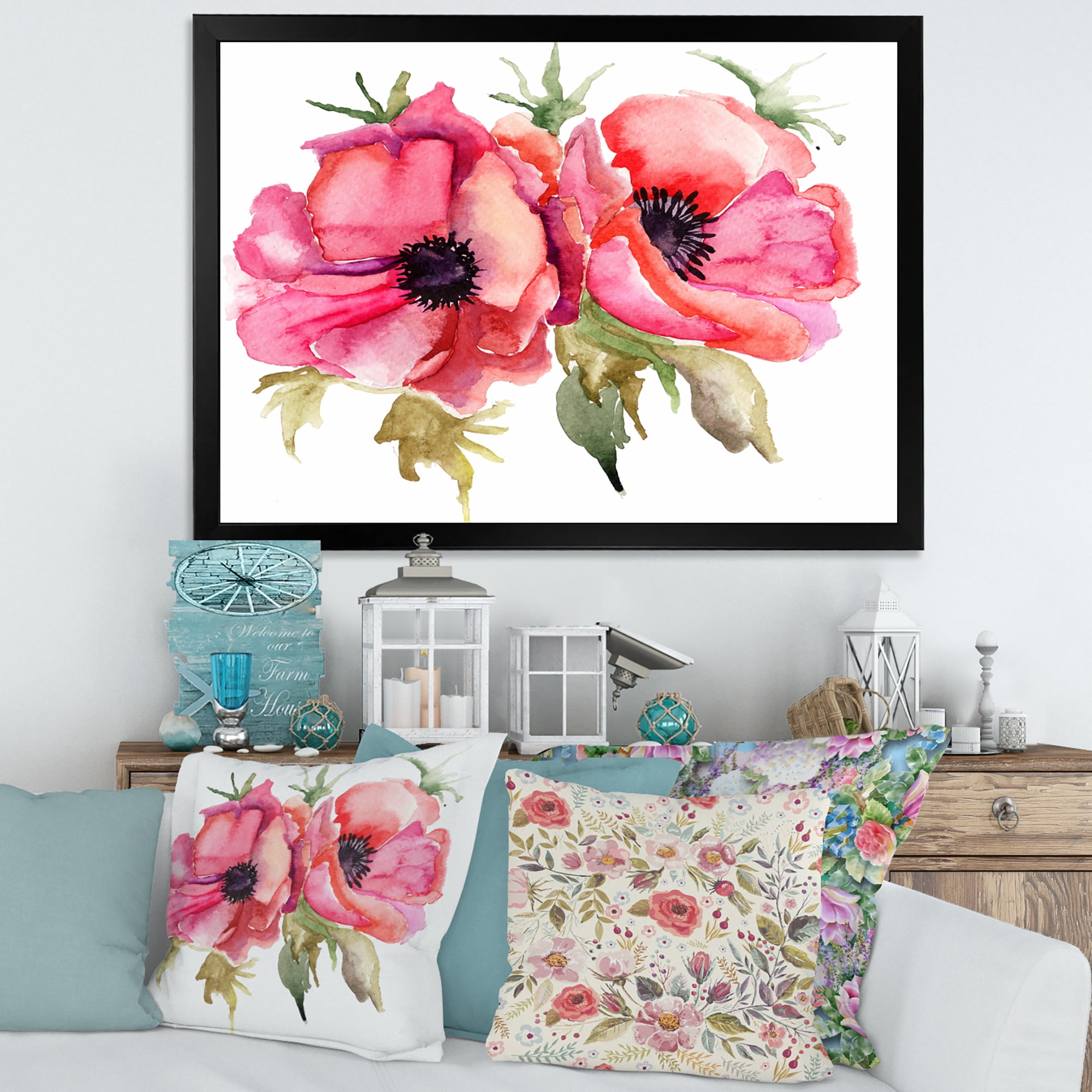 Designart 'Stylized Pink Poppy Flowers' Traditional Framed Art Print