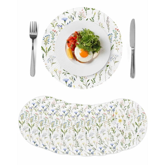 Spring Floral Round 15 Inch Placemats Set of 8, Watercolor Botanical Flower HeatResistant Non Slip Place Mats for Dining Table, Wipeable Braided Kitchen Table Mats for Housewarming