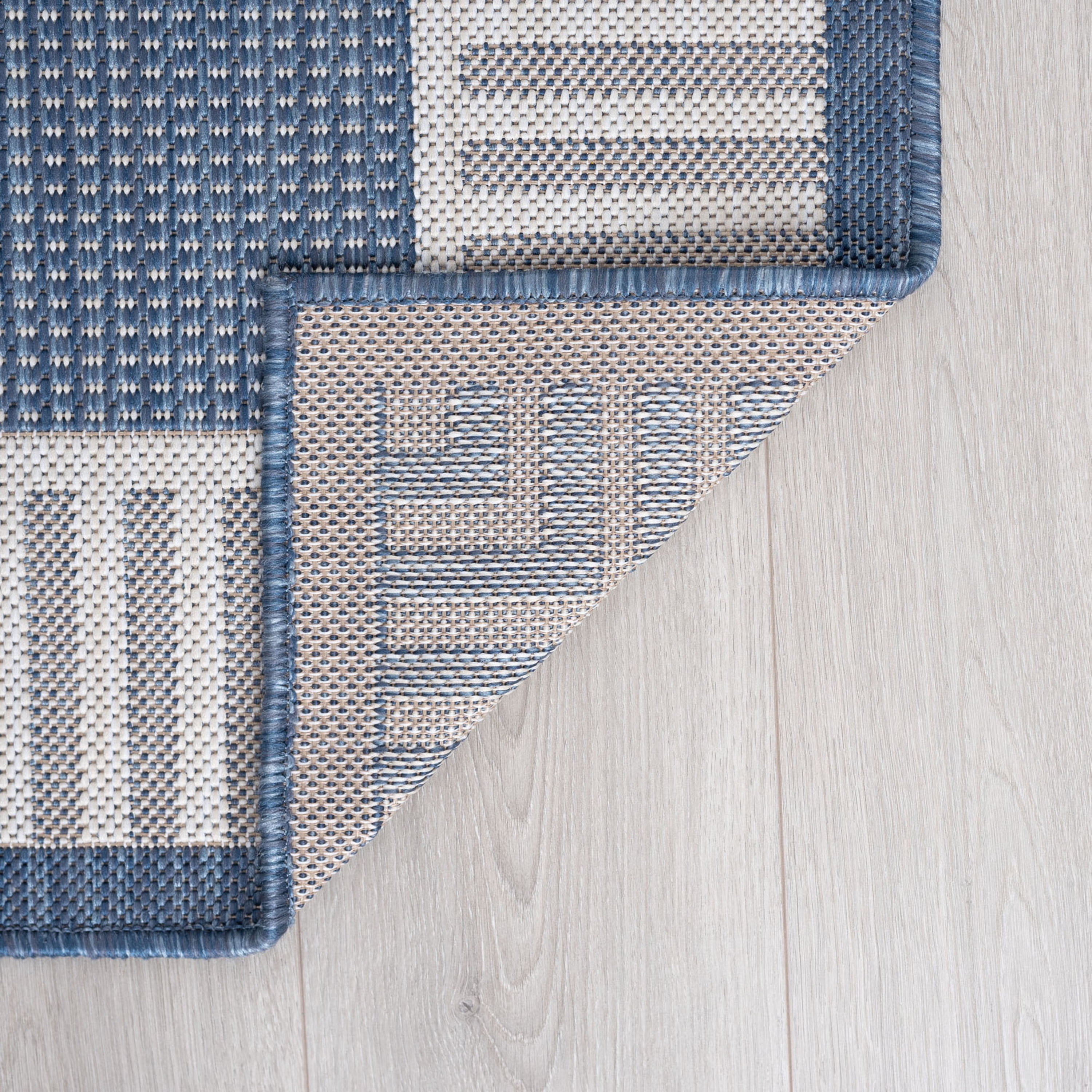 5x8 Water Resistant, Indoor Outdoor Rugs for Patios, Front Door Entry, Entryway, Deck, Porch, Balcony | Outside Area Rug for Patio | Blue, Striped Border | Size: 5'3'' x 7'3''
