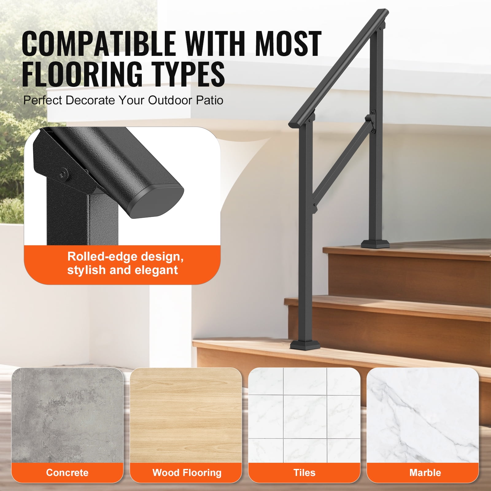 VEVOR Handrails for Outdoor Steps, 2 PCS 2-3 Step Stair Hand Rail Kit, Transitional Carbon Steel Railings with Installation Kit, Stair Rails for Seniors, Concrete & Porch & Deck, Black Square Tube