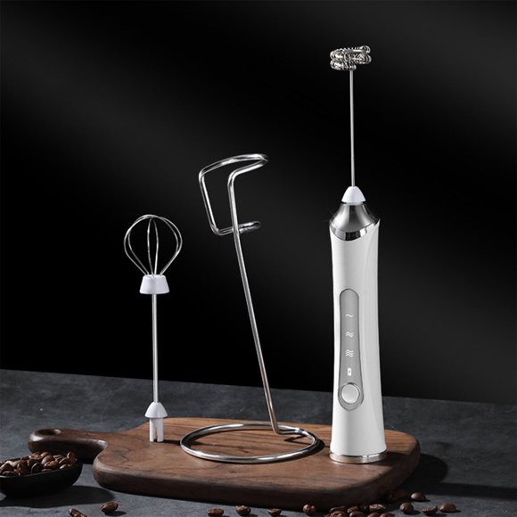 CNKOO Mousseur à Lait Portatif et Mélangeur - Mousseur à Café 3-en-1 en Acier Inoxydable Rechargeable par USB avec Batteur à Oeufs et Support - ABS Blanc 26 cm (10,23 Po) Mélangeur à Immersion de Qualité Alimentaire Café Ba