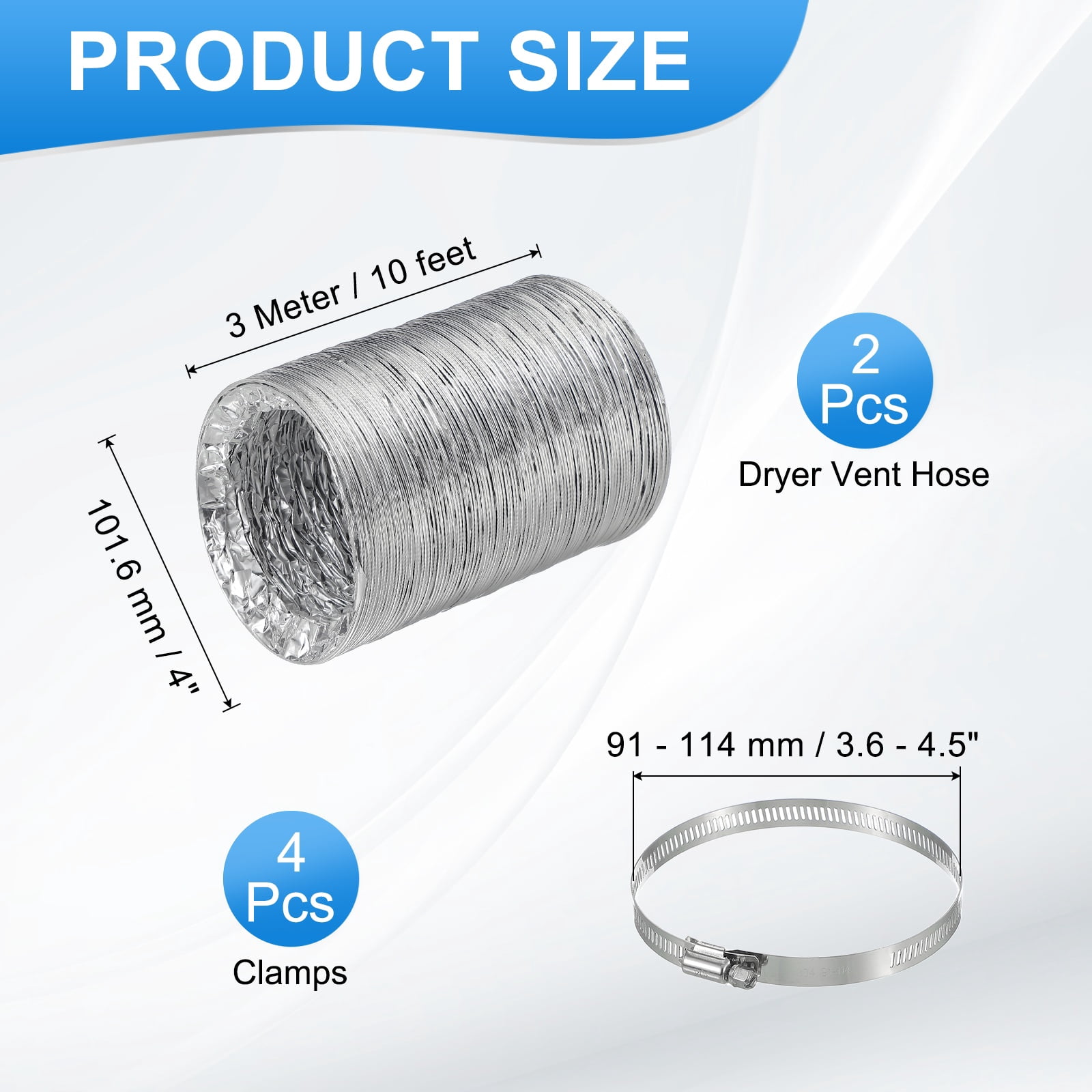 Uxcell 10Ft Dryer Vent Hose 4" Dia. 2Pcs Flexible Aluminum Ducting 4 Clamps Included, Silver