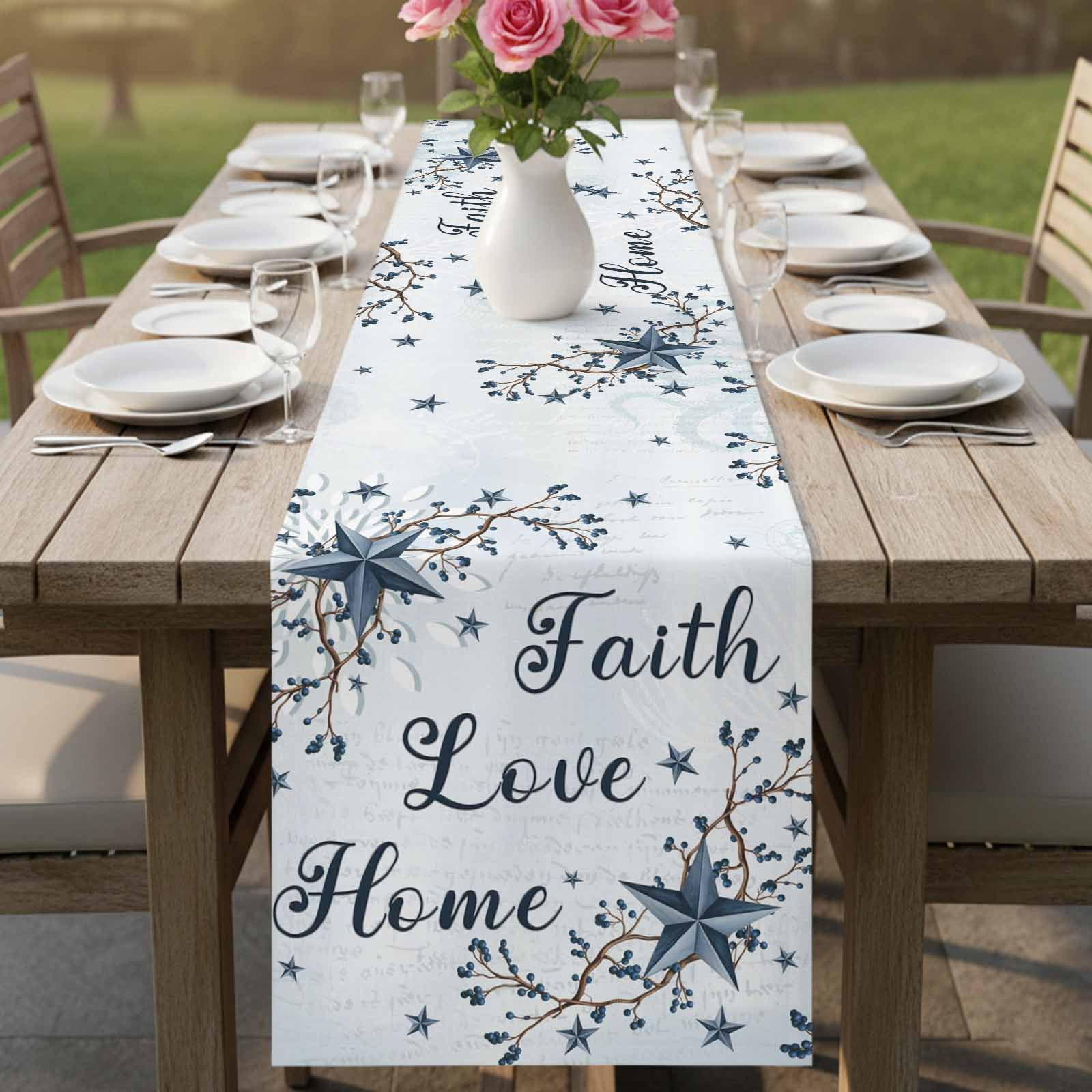 Texas Star Country Cotton Linen Table Runner for Dining Kitchen, Blue Farmhouse Branches Wedding Outdoor Party Tablerunners Decoration, Dresser Scarf Coffee Tablecloth Runners 13x90 Inches
