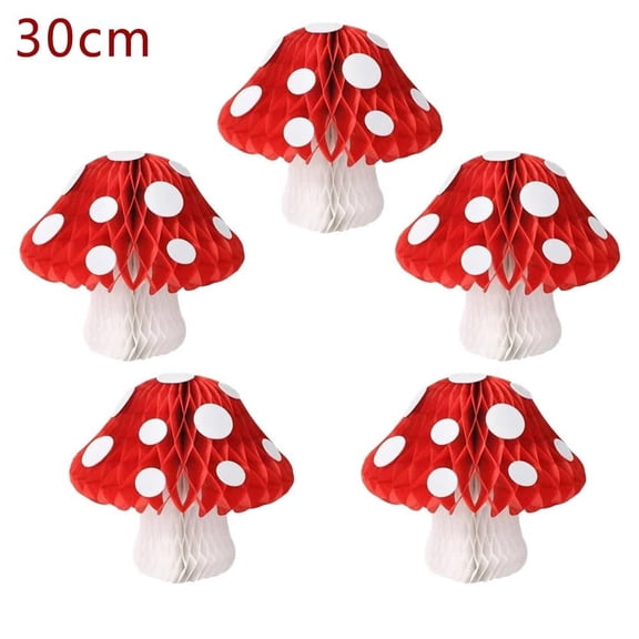 Enchanted Forest Mushroom Honeycomb Paper Decorations 5Pcs - Fairy Tale Red Polka Dot Hanging Ornaments for Birthday Party, Woodland Wedding, Dessert Table & Kids Room Theme Decor