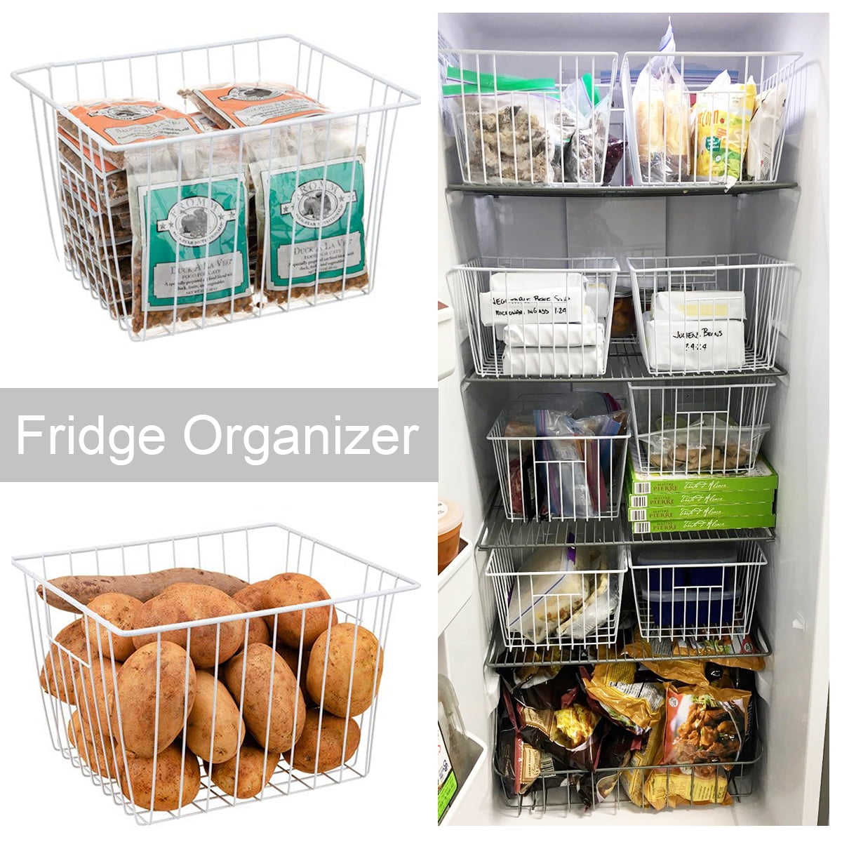 SANNO Freezer Storage Organizer Baskets, Household Refrigerator Bin for Cabinets, White, Pantry, Closets, Bedrooms - 10.24 x 11.02 x 6.3 inches，Set of 4