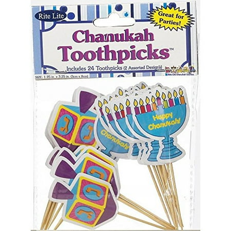 Wood Chanukah Toy 1 X Hanukkah Themed Toothpicks, Includes 24 Wood Toothpicks - 12 Menorah Design and 12 Draydel Design By Rite Lite,USA ()