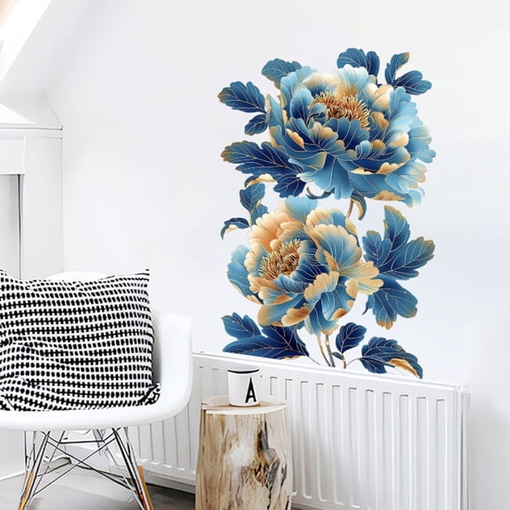 Blue Peony Flowers Decals 17.7"x23.6" Floral Wall Stickers Removable Vinyl Peel and Stick for Living Room Bedroom Background Wall Art DIY Decor
