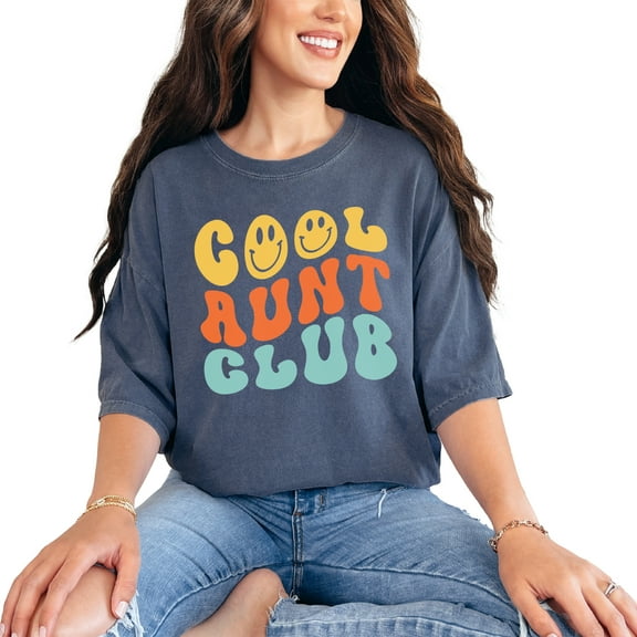 Cool Aunt Club, Association of Aunties Themed, Groovy Retro Wavy Text, Denim Comfort Colors T-Shirt, Small