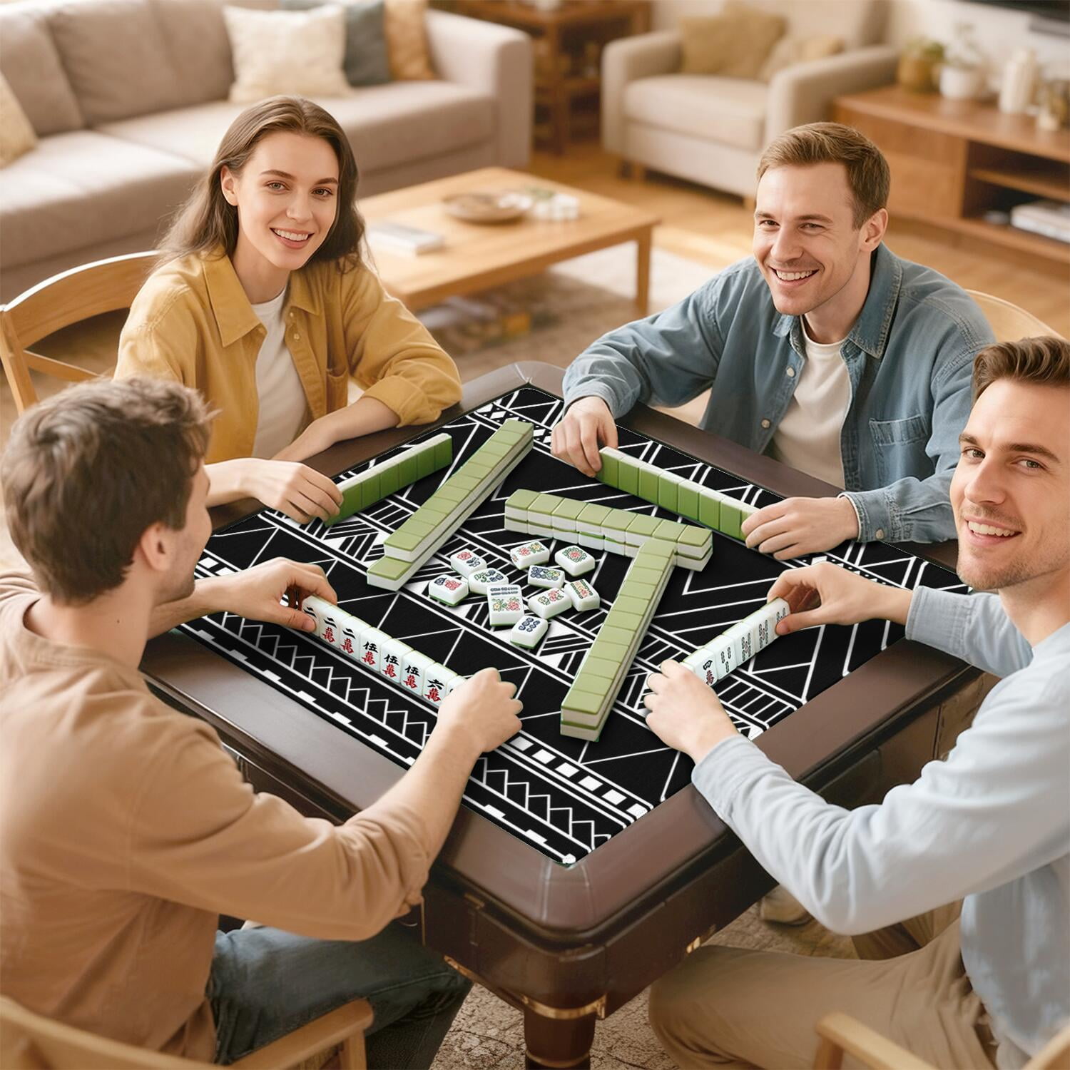 Square Boho Mahjong Mat 31.5x31.5 Inches, Anti-Slip Rubber Game Table Pad with Noise Reduction for Tiles, Multi-Use Mat for Card Games Board Games and Parties