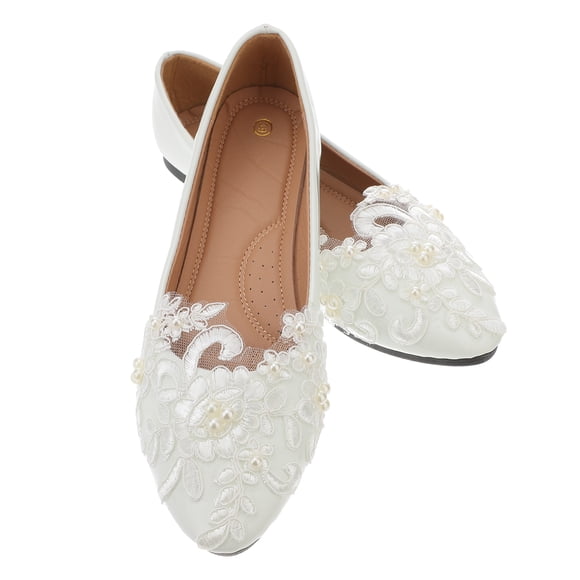 KAKOWELY Women Lace Shoes 1 Pair Handwork Wedding Shoes Stylish Lace Pearl Flower Wedding Shoes White Wedding Dress Supplies Bridal Flat Shoes Leisure Women Shoes Size 39 White