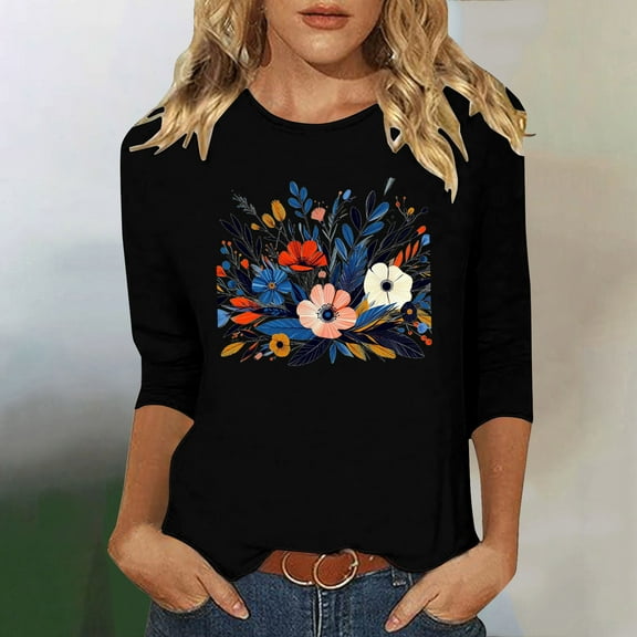 Runfenguu Western Graphic Tees For Women Ladies T Shirts Ladies' Fashion Floral Printed Round Neck 3/4 Sleeve T-Shirt Shirt Sleeve Round Neck Top/Shirt