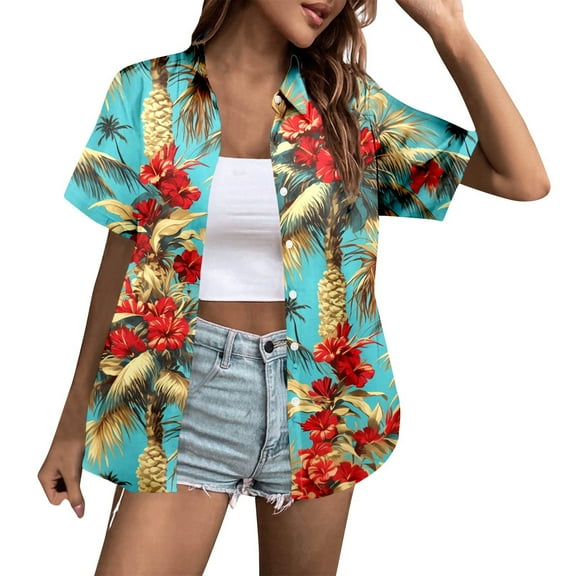 Women's Casual Holiday Coconut Tree Print Short Sleeve Shirt Blouse